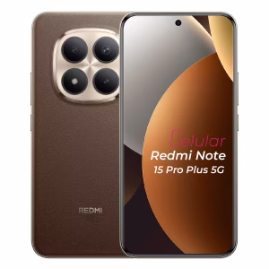 Redmi Note 15 Pro+ 5G café vista delantera y trasera frontal mostrando pantalla y cámara vista posterior