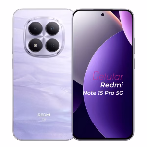Redmi Note 15 Pro 5G púrpura vista delantera y trasera frontal mostrando pantalla y cámara vista posterior