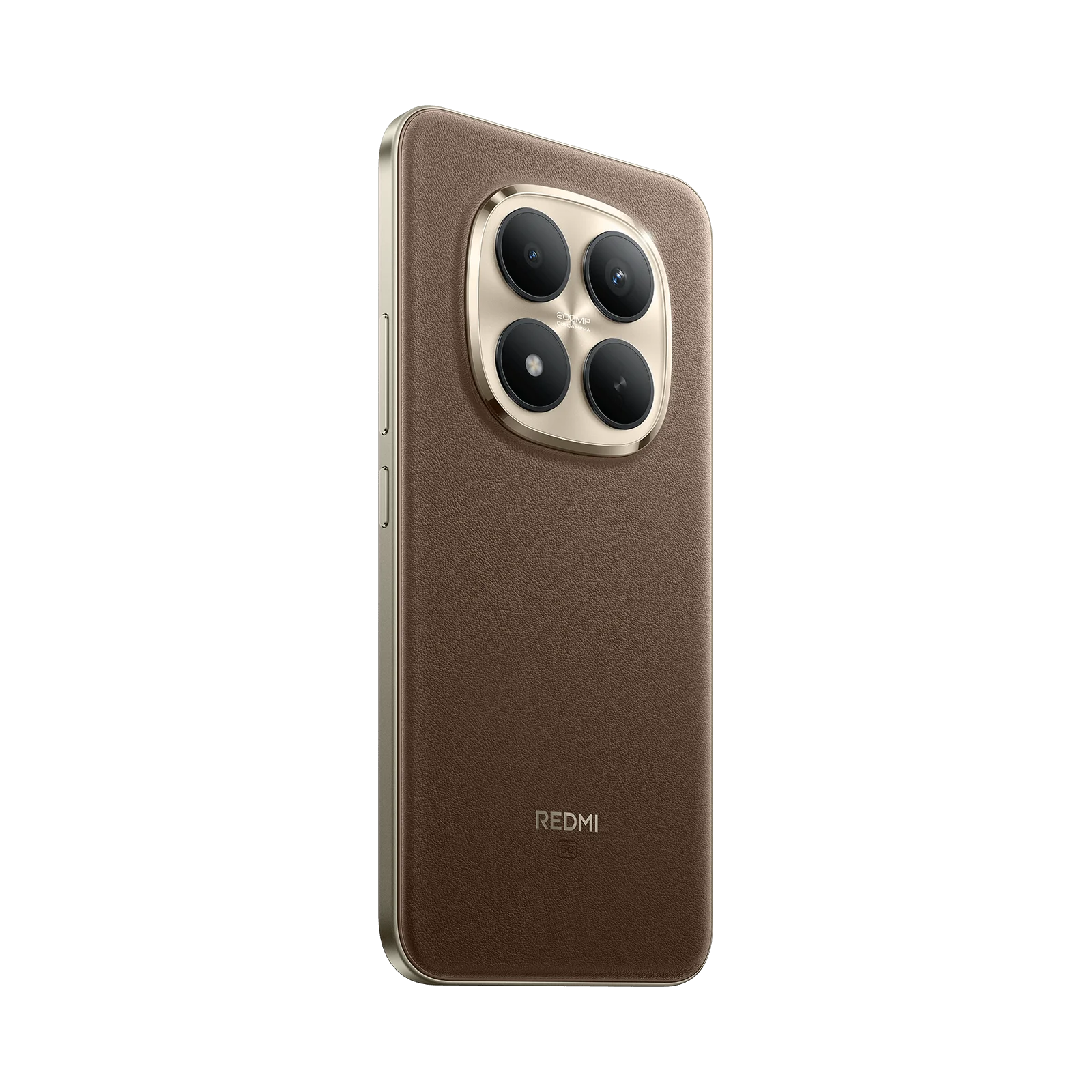 Xiaomi Redmi Note 15 Pro Plus cafe respaldo diagonal mostrando cámara logo con su borde y botones