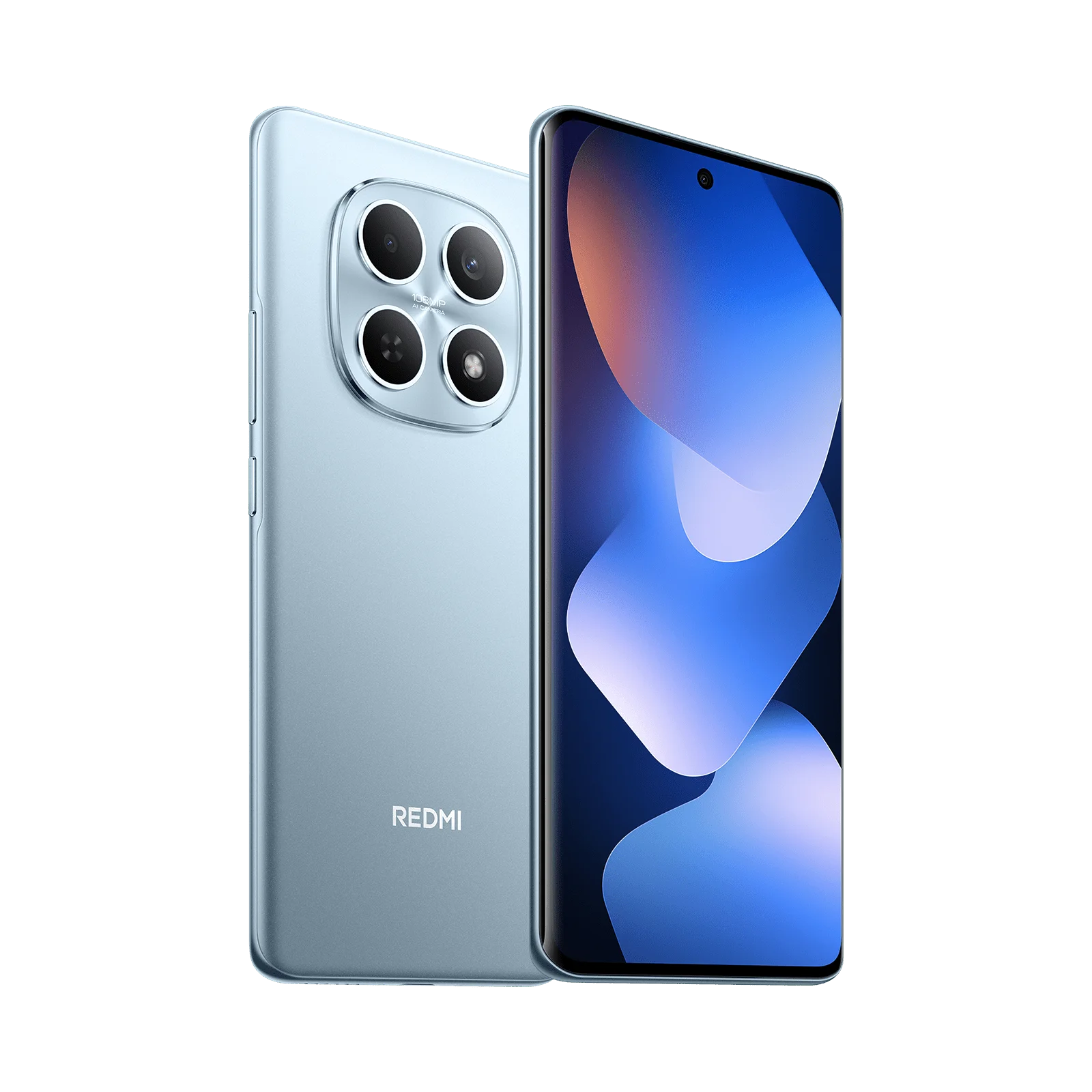 Celular Xiaomi Redmi Note 15 Azul frente mostrando pantalla celular en diagonal