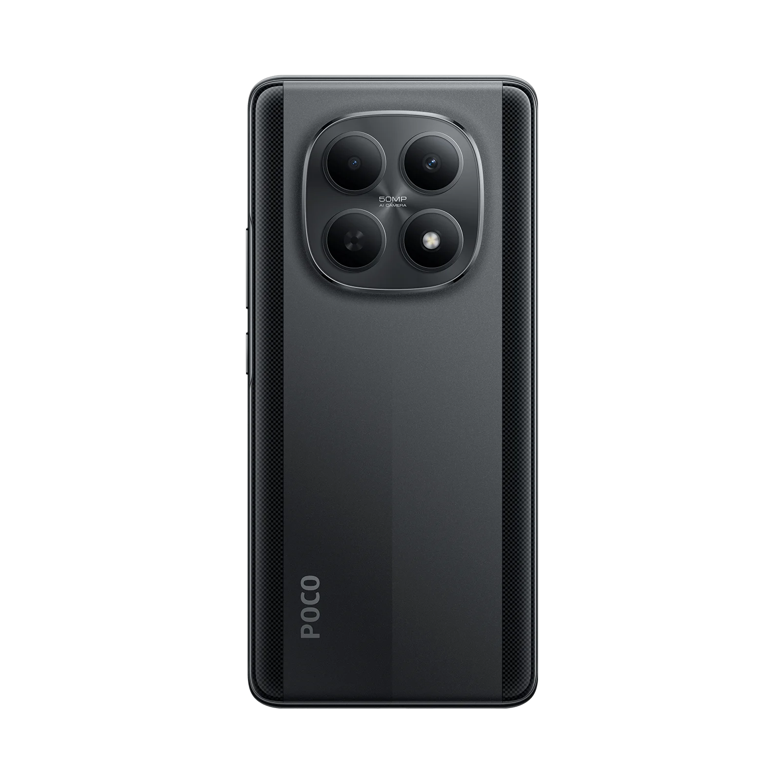 POCO M8 5G negro respaldo mostrando cámaras y logo