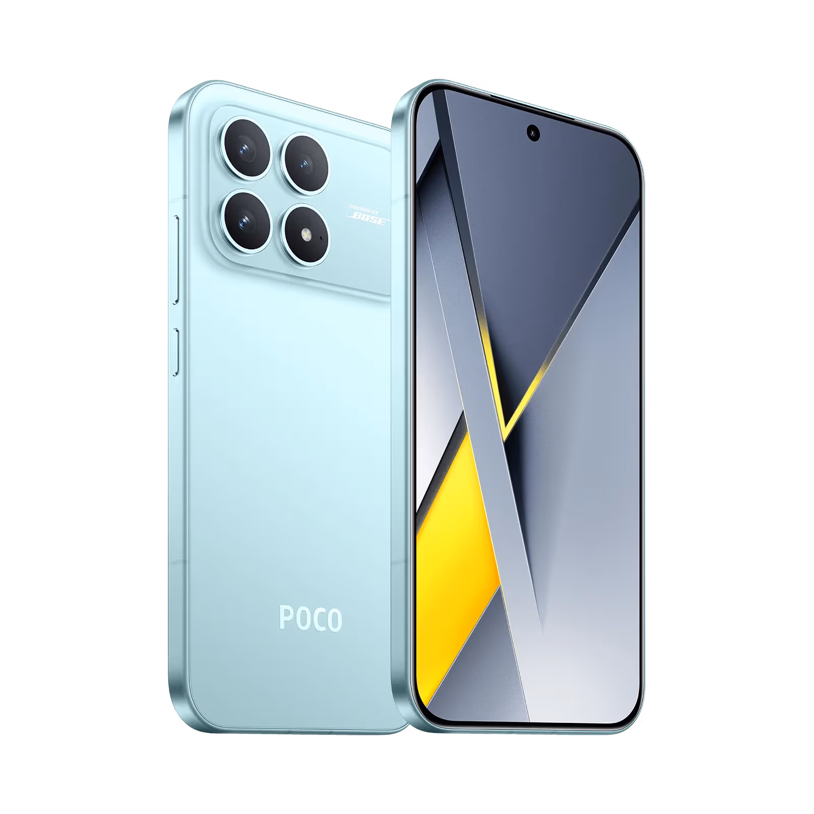 Poco F8 Pro Color azul diagonal respaldo mostrando camaras bordes botones y vista frontal mostrando pantalla y camara frontal