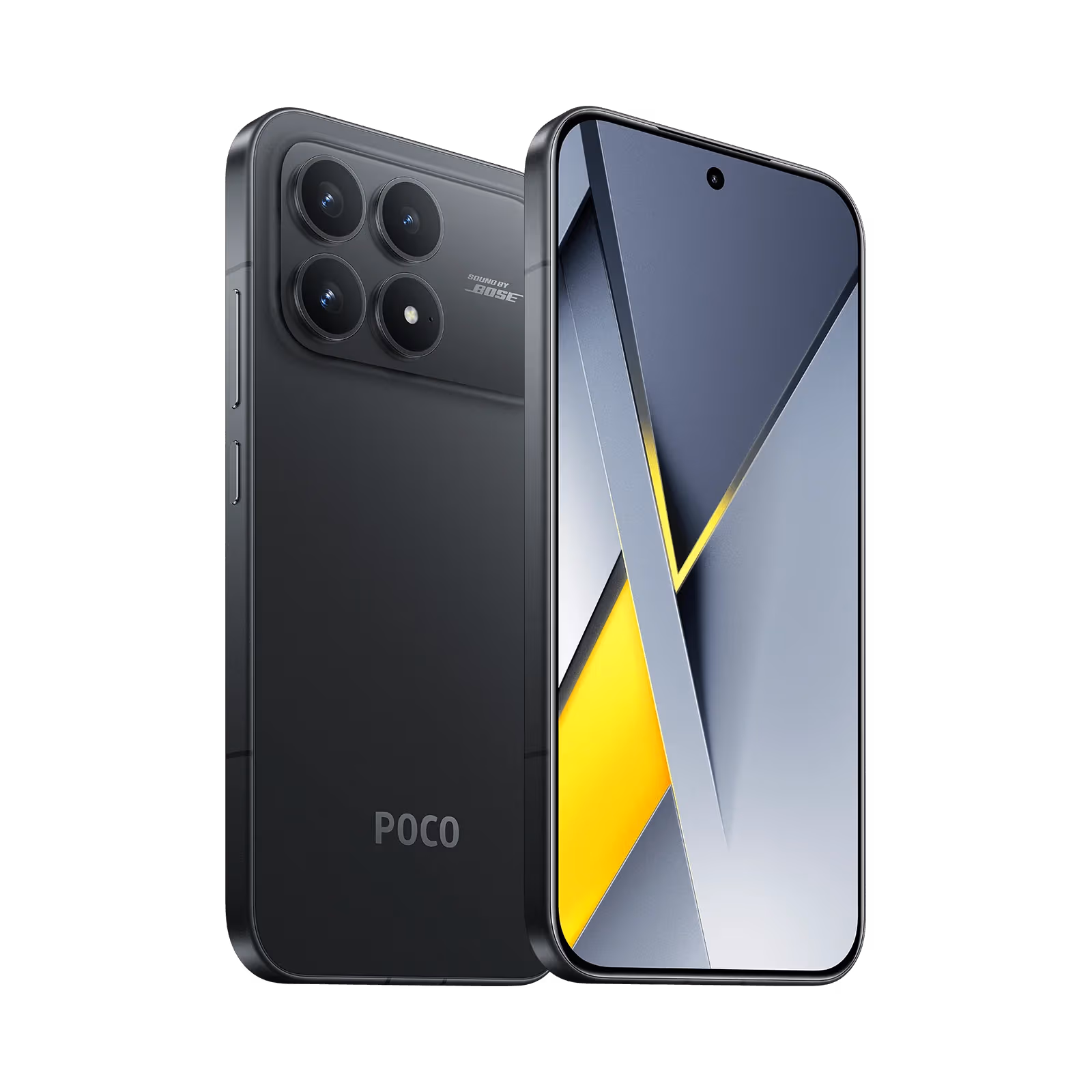 Poco F8 Pro Color negro diagonal respaldo mostrando camaras bordes botones y vista frontal mostrando pantalla y camara frontal