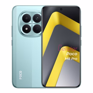 Poco M8 Pro 5G verde vista delantera y trasera frontal mostrando pantalla y cámara vista posterior