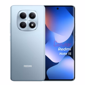Redmi Note 15 azul vista delantera y trasera frontal mostrando pantalla y cámara vista posterior