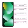 Redmi-Note-15-vista-frontal-mostrando-la pantalla-cámara-frontal-y-especificacones-de-batería-cámara, almacenamiento- Sistema-Operativo-y-procesador-junto-al-celular-de-color-verde