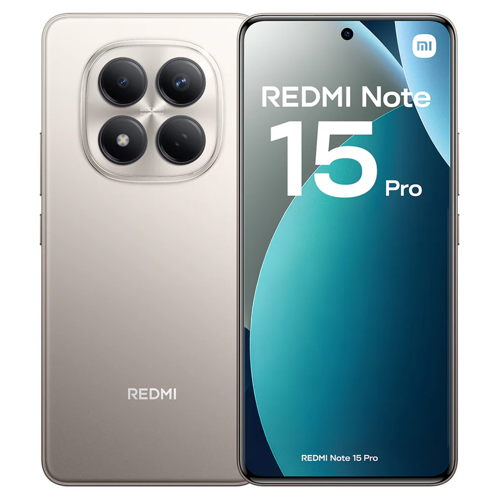 Redmi Note 15 Pro 4G gris respaldo mostrando sus cámaras y logo frente mostrando su pantalla y cámara frontal