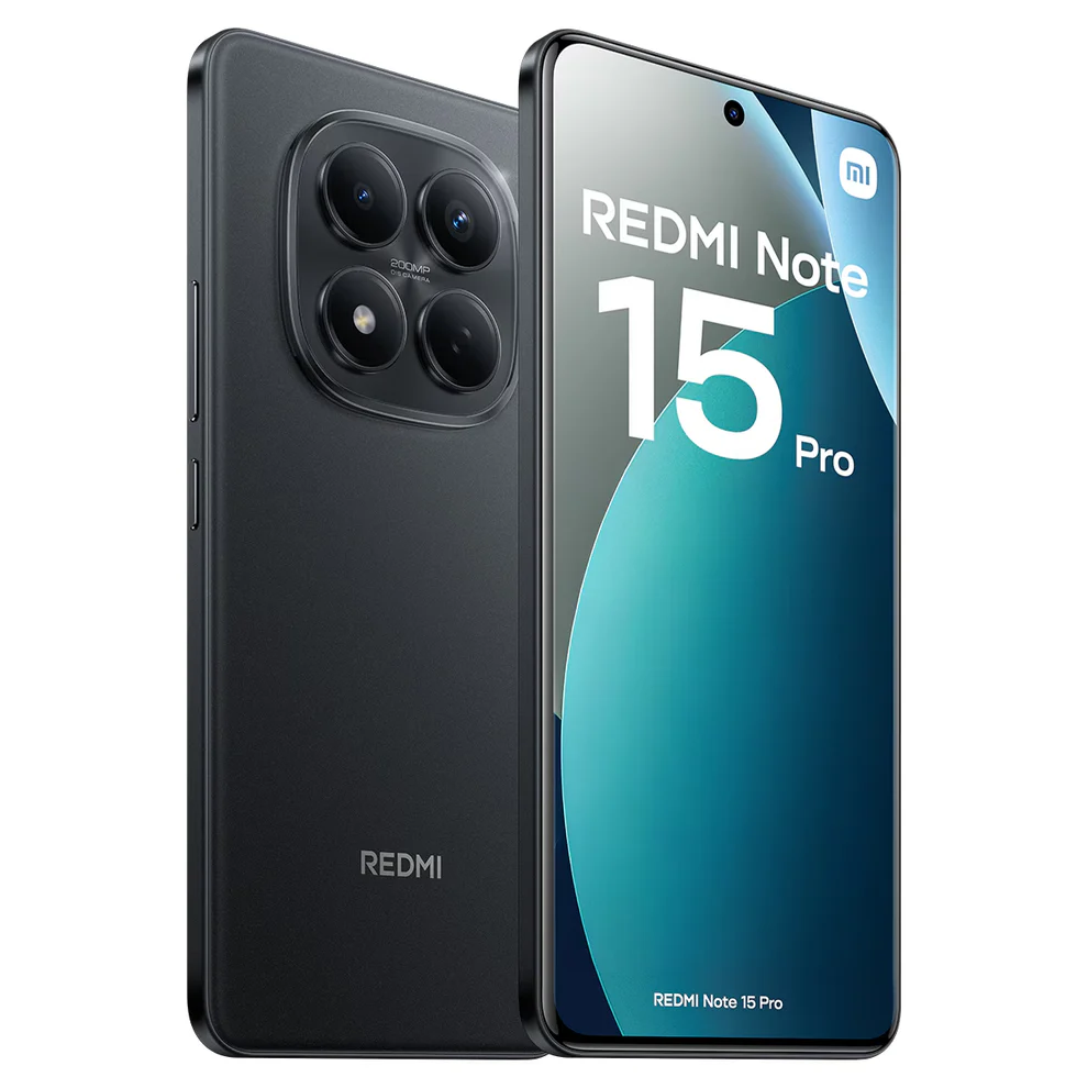Xiaomi Redmi Note 15 Pro 4G negro respaldo diagonal mostrando sus cámaras y logo frente mostrando su pantalla y cámara frontal