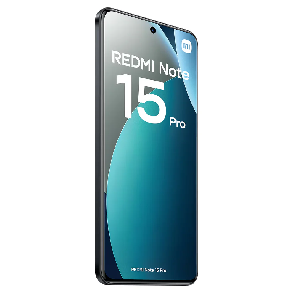 Xiaomi Redmi Note 15 Pro 4G negro frente diagonal mostrando su pantalla cámara frontal y su borde