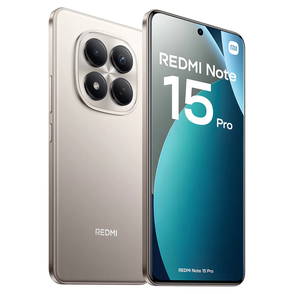 Xiaomi Redmi Note 15 Pro 4G gris respaldo diagonal mostrando sus cámaras y logo frente mostrando su pantalla y cámara frontal