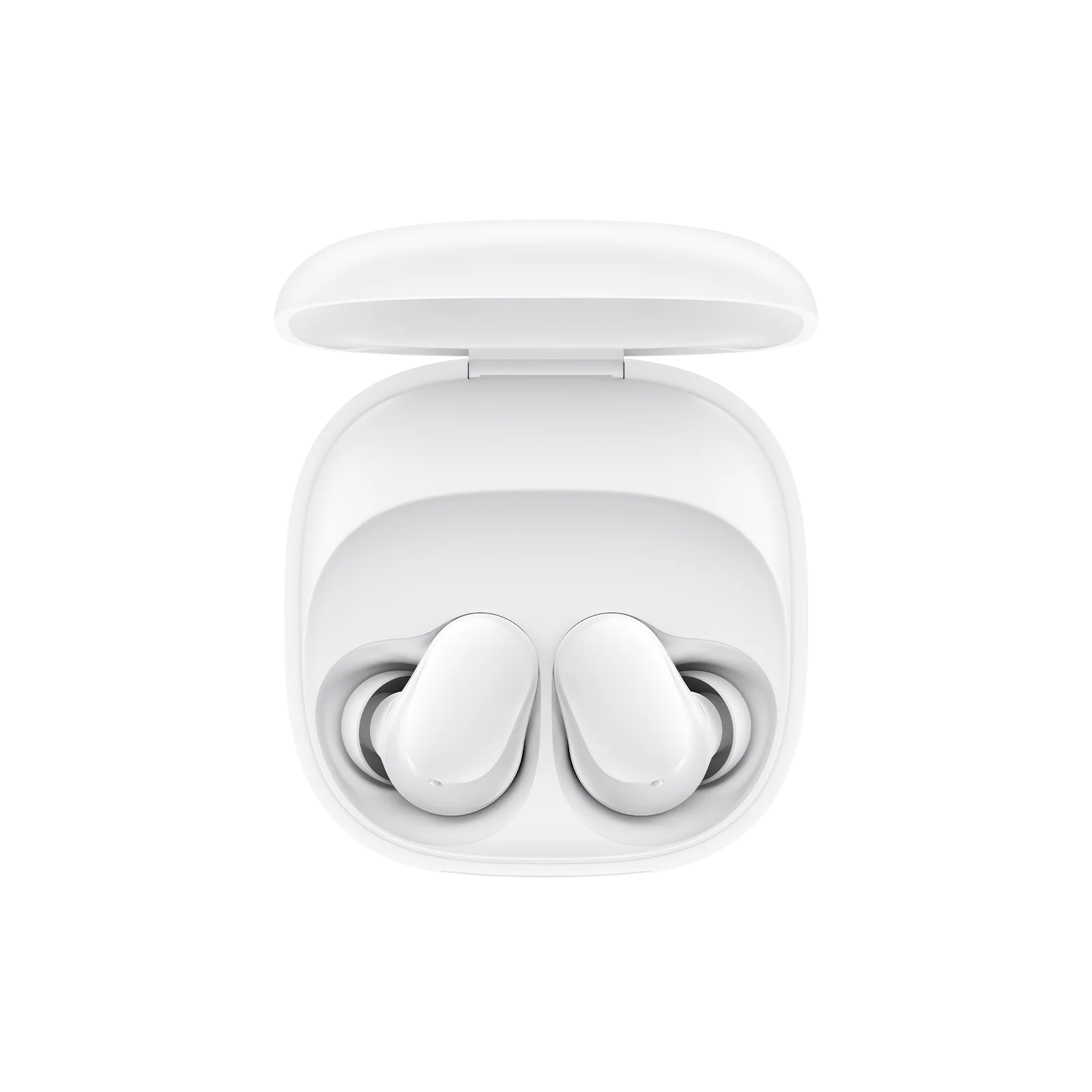Audífonos inalámbricos Xiaomi REDMI Buds 6 Play color blanco abiertos mostrando los audifonos desde un plano cenital