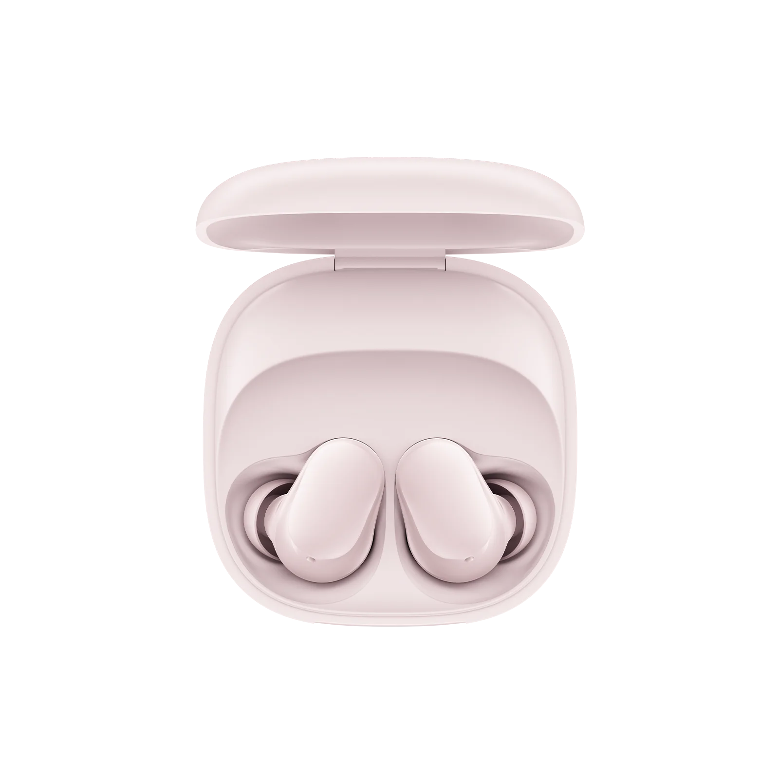 Audífonos inalámbricos Xiaomi REDMI Buds 6 Play color rosado abiertos mostrando los audifonos desde un plano cenital