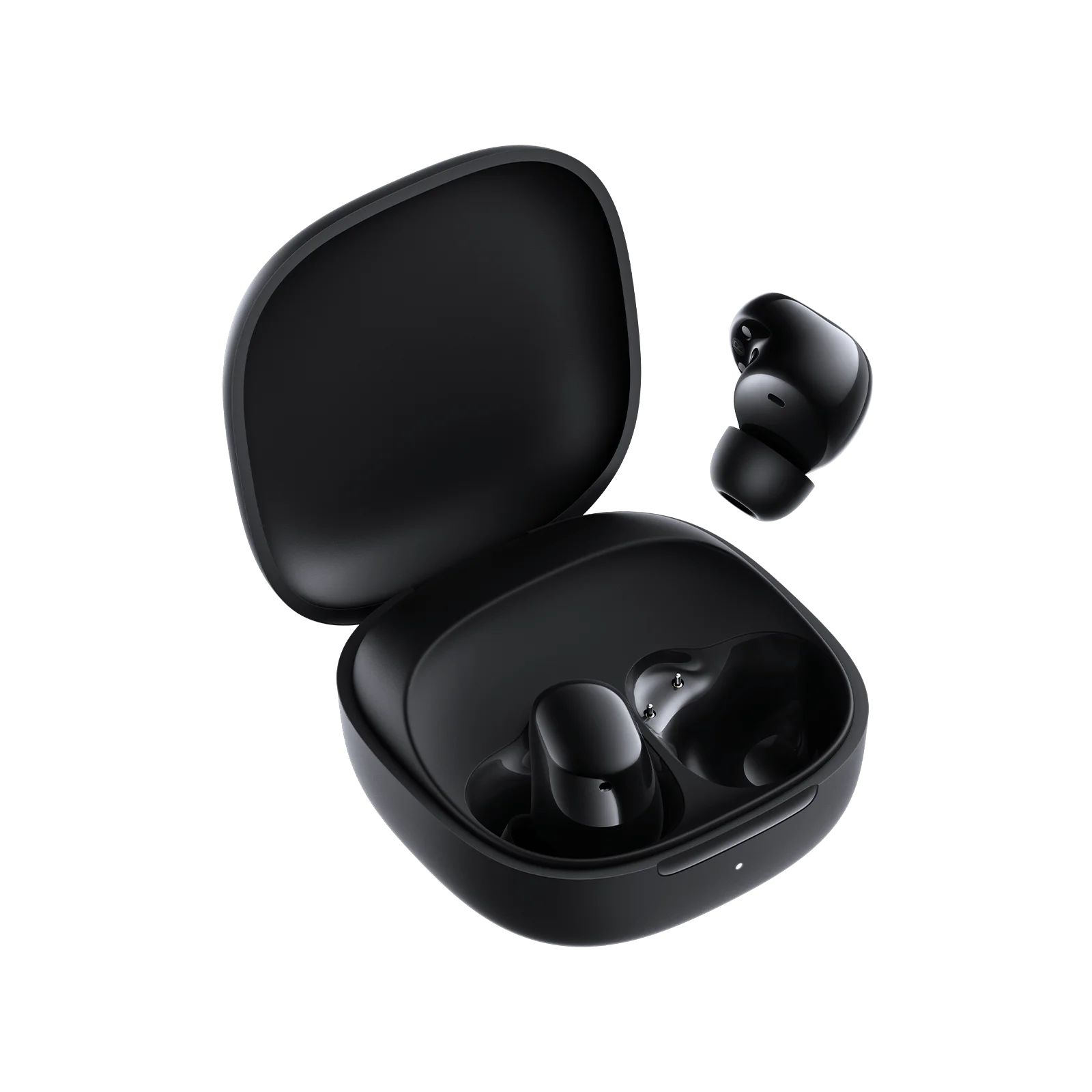 Auriculares inalámbricos Xiaomi REDMI Buds 6 Play color negro abiertos saliendo uno del empaque mostrando los Auriculares