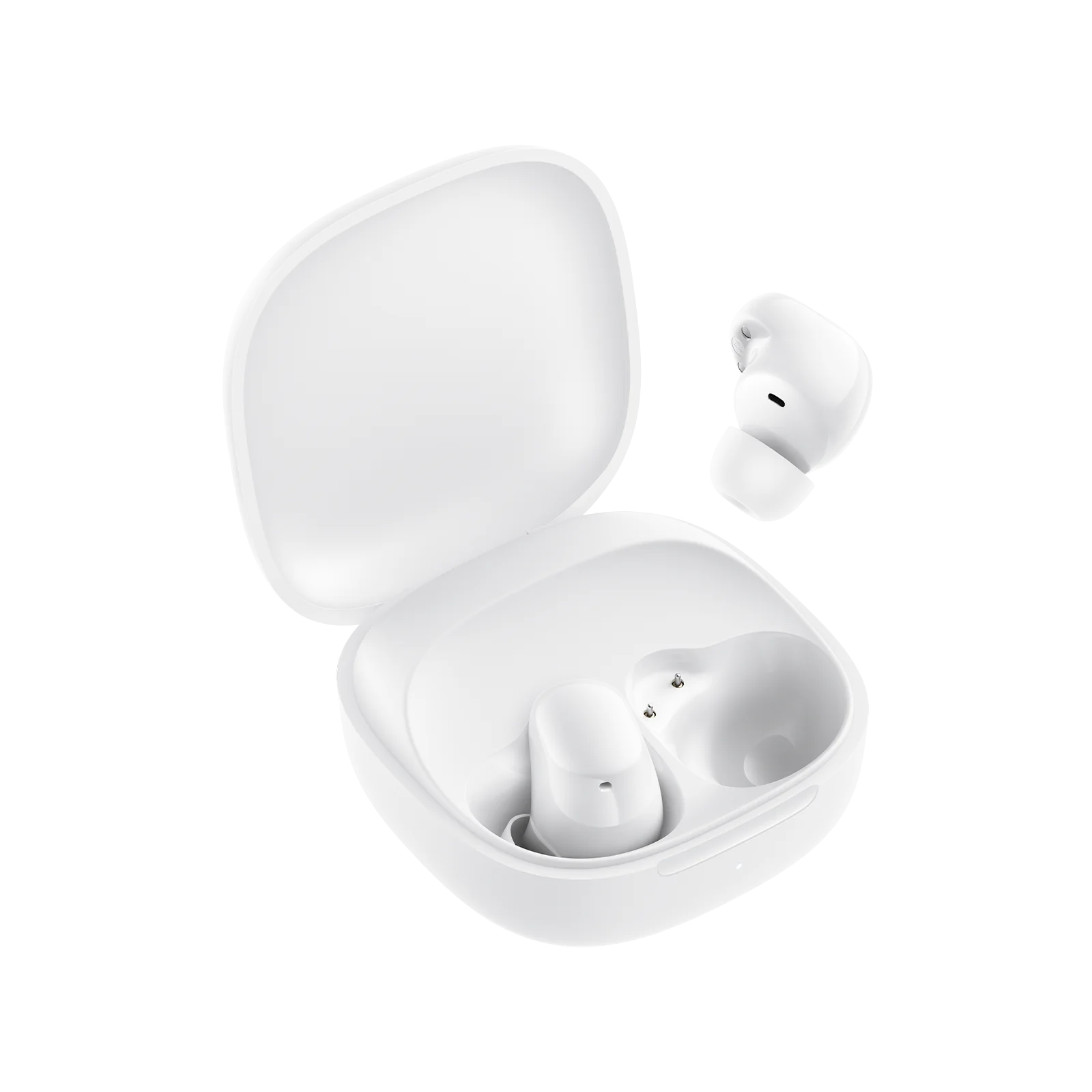 Auriculares inalámbricos Xiaomi REDMI Buds 6 Play color blanco abiertos saliendo uno del empaque mostrando los Auriculares