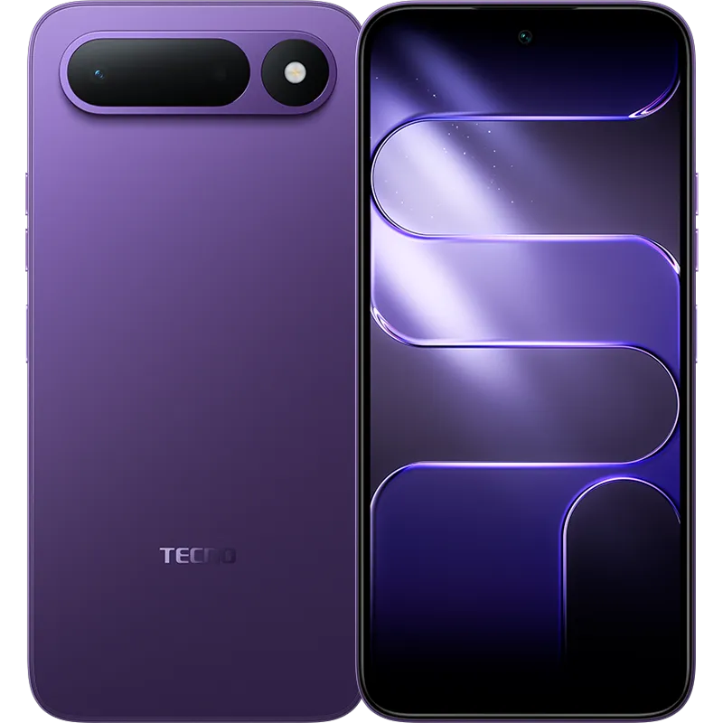 Tecno Spark 50 5G en color morado, vista frontal y trasera