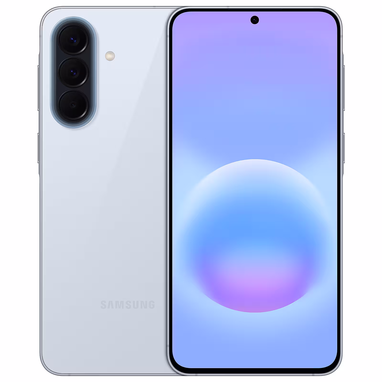 Smartphone Samsung Galaxy A57 azul claro exhibiendo diseño frontal y parte posterior simultáneamente.