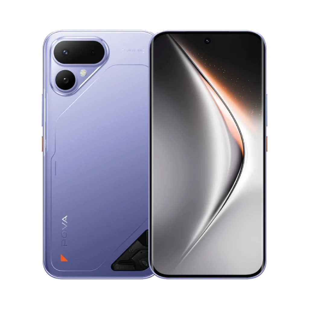 Tecno Pova Curve 2 5G color morado, vista posterior y frontal