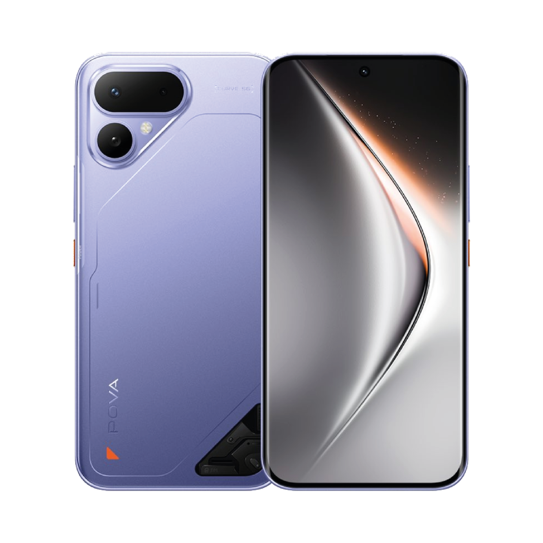 Tecno Pova Curve 2 5G color morado, vista posterior y frontal