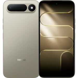 Tecno Spark 50 5G en color dorado, vista frontal y trasera