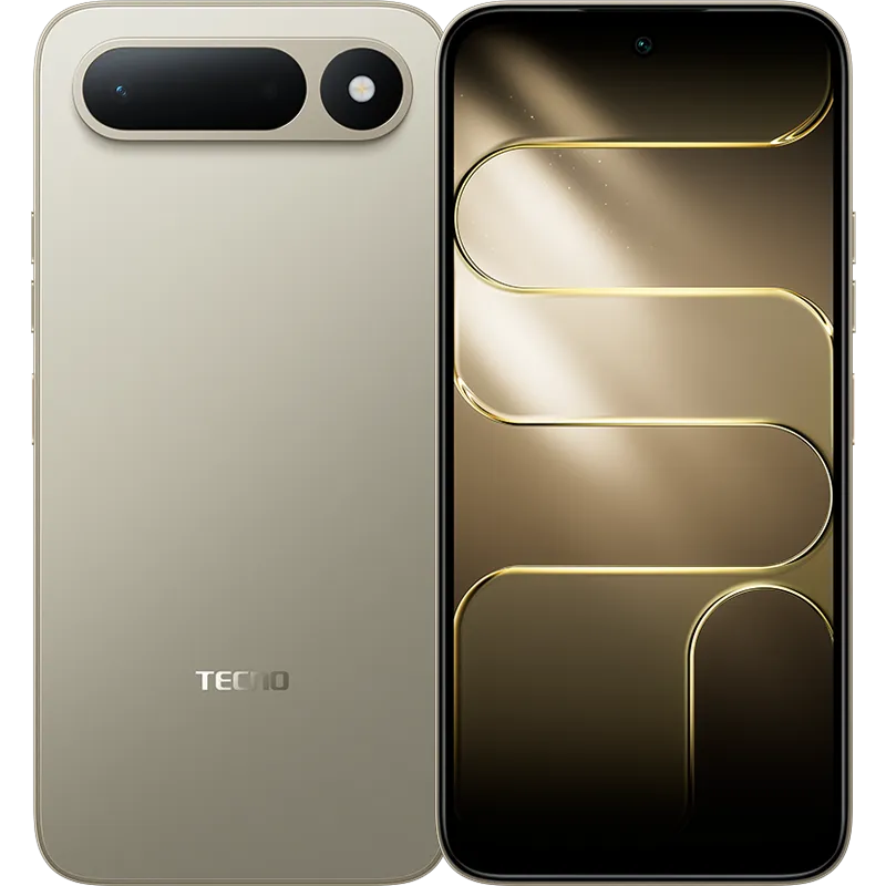 Tecno Spark 50 5G en color dorado, vista frontal y trasera