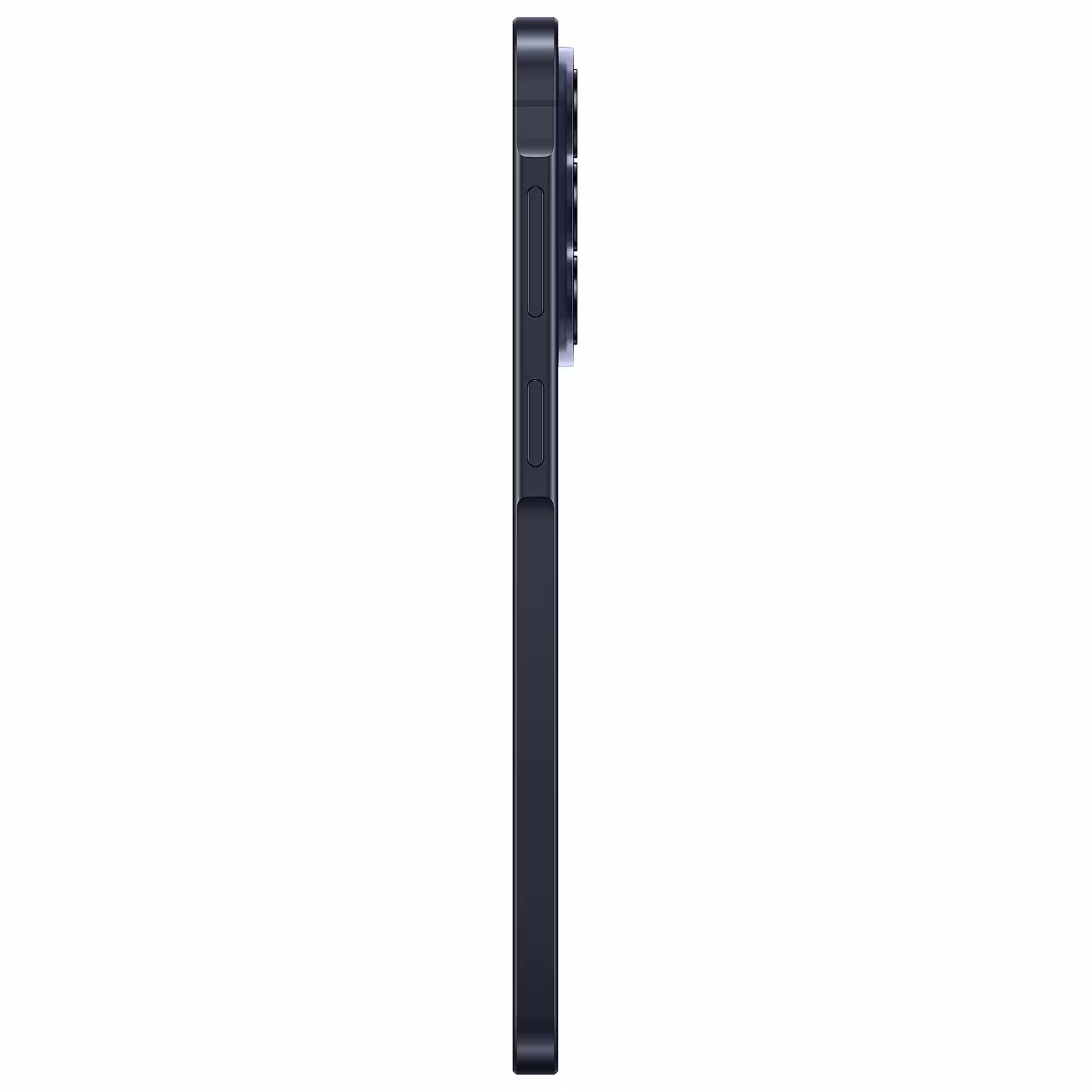 Perspectiva de tres cuartos del Samsung Galaxy A57 azul oscuro.