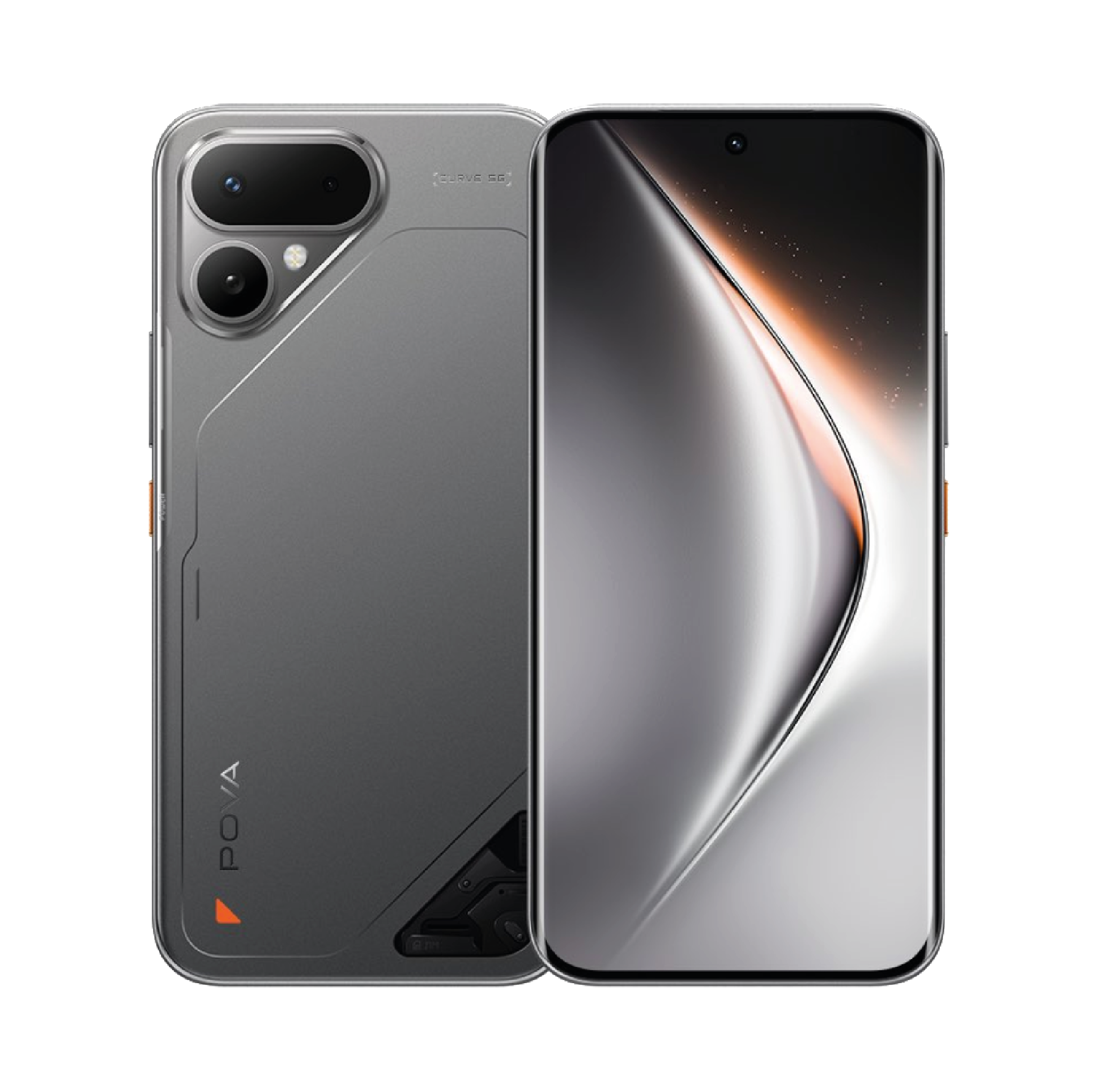 Tecno Pova Curve 2 5G color titanio, vista posterior y frontal