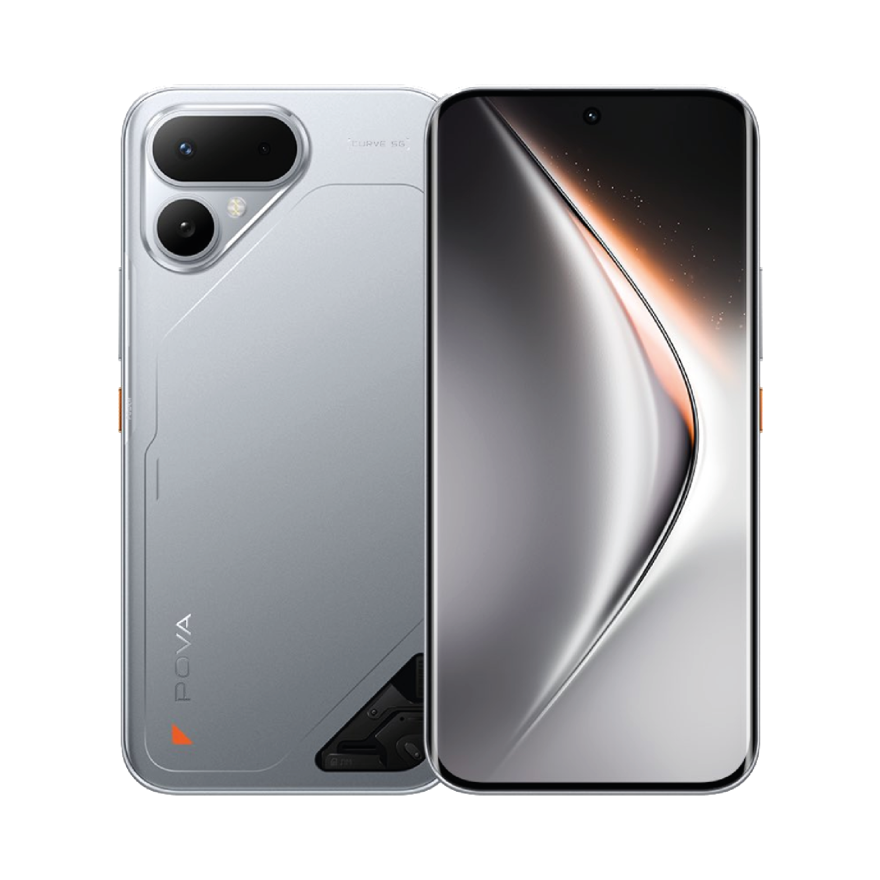 Tecno Pova Curve 2 5G color plata, vista posterior y frontal