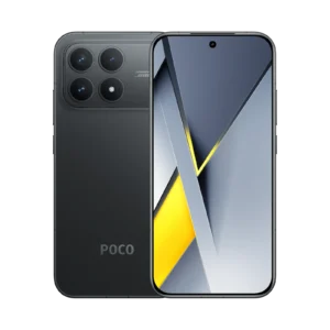 Celular Xiaomi Poco F8 Pro 5G Color negro respaldo mostrando cámaras y vista frontal mostrando pantalla y cámara frontal