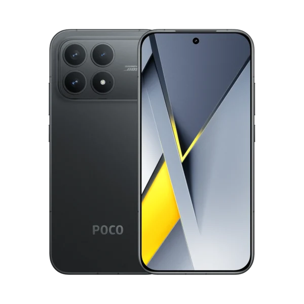 Celular Xiaomi Poco F8 Pro 5G Color negro respaldo mostrando cámaras y vista frontal mostrando pantalla y cámara frontal