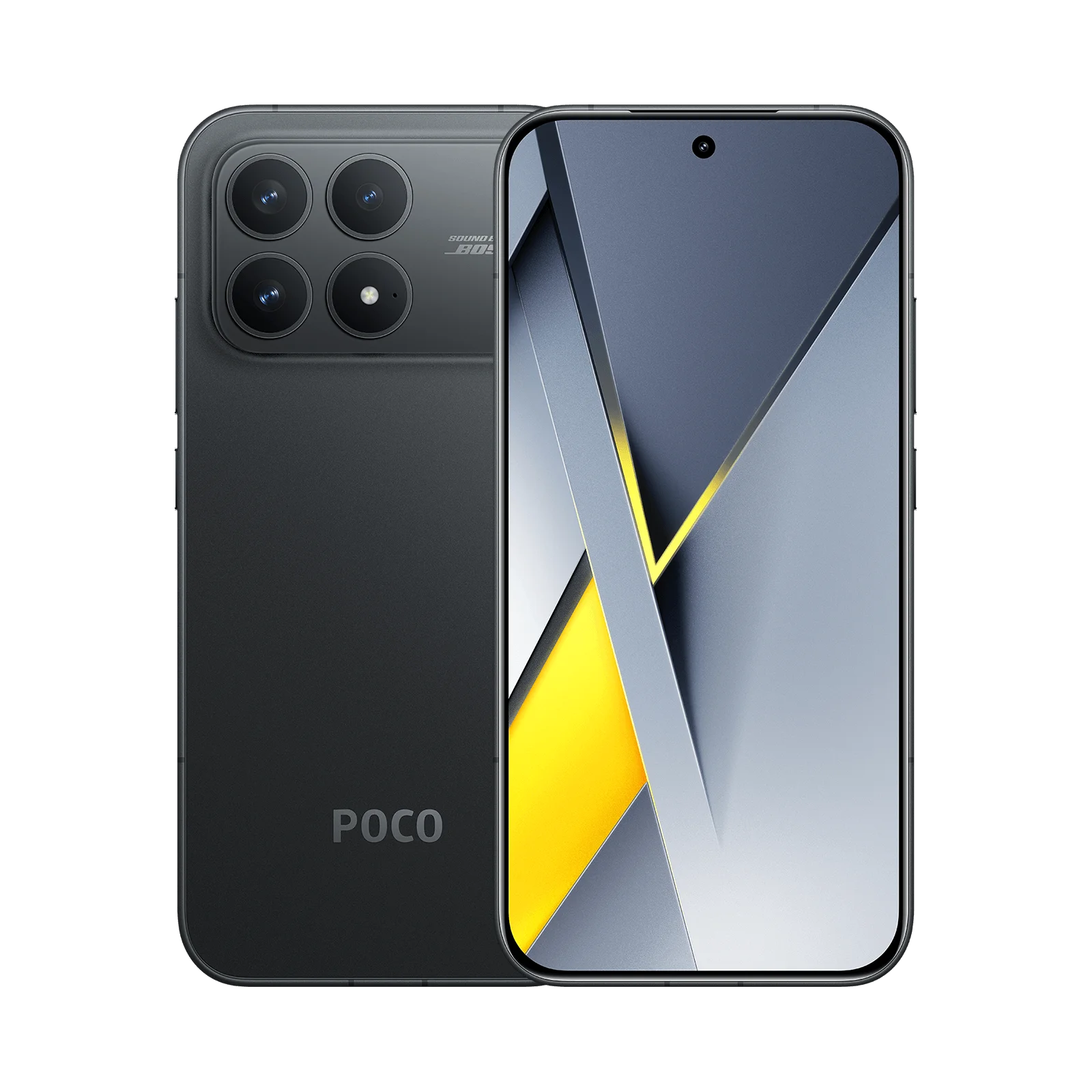 Celular Xiaomi Poco F8 Pro 5G Color negro respaldo mostrando cámaras y vista frontal mostrando pantalla y cámara frontal