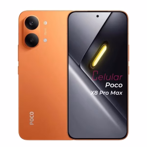 Poco X8 Pro Max naranja vista delantera y trasera frontal mostrando pantalla y cámara vista posterior