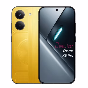 Poco X8 Pro amarillo vista delantera y trasera frontal mostrando pantalla y cámara vista posterior