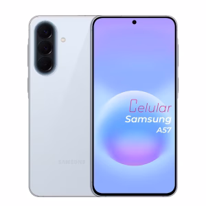 Samsung Galaxy A57 azul claro vista delantera y trasera frontal mostrando pantalla y cámara vista posterior