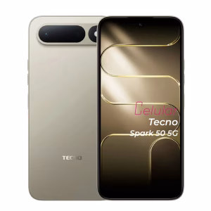 Tecno spark 50 5G dorado vista delantera y trasera frontal mostrando pantalla y cámara vista posterior