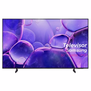 Televisor Samsung 50 Pulgadas Crystal UHD mostrando pantalla sobre base vista frontal