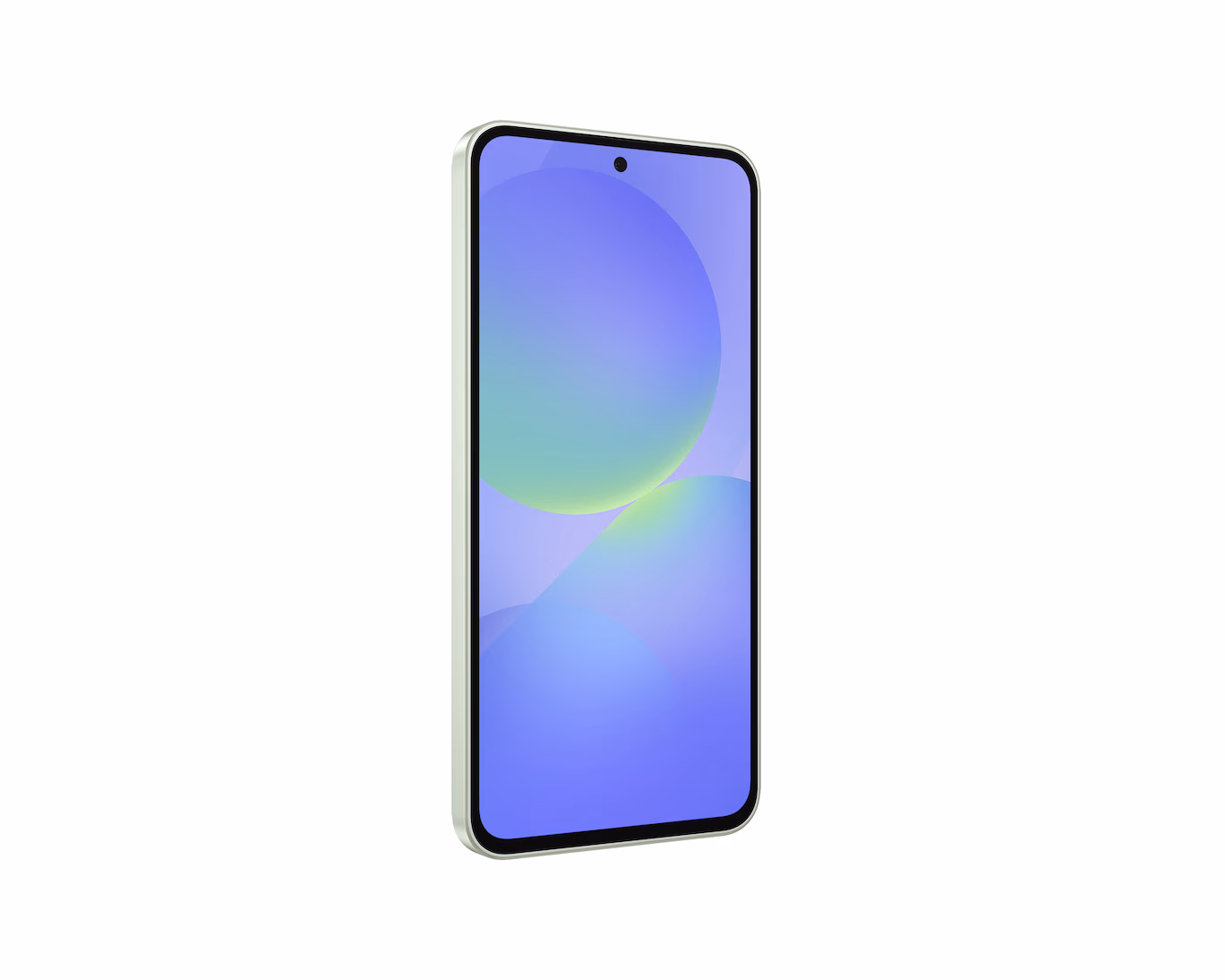 Celular Samsung Galaxy A36 5G color verde vista frontal diagonal pantalla y borde izquierdo