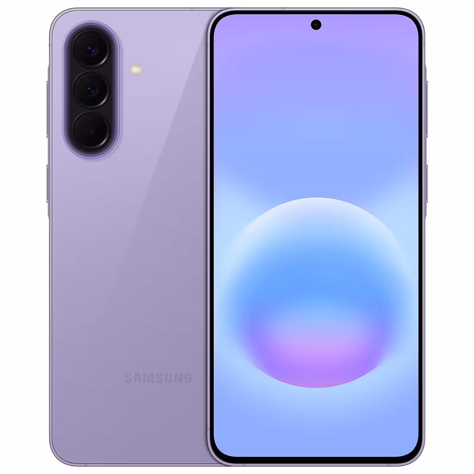 Diseño completo del Samsung Galaxy A57 color lila mostrando su pantalla frontal y sus tres cámaras traseras.