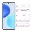 Honor X8D vista frontal mostrando la pantalla cámara frontal y especificacones de batería cámara, almacenamiento Sistema Operativo y procesador junto al celular de color azul