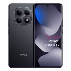 Redmi Note 15 5g negro vista delantera y trasera frontal mostrando pantalla y cámara vista posterior mostrando nombre cámaras y flash disponible en celumovil Store