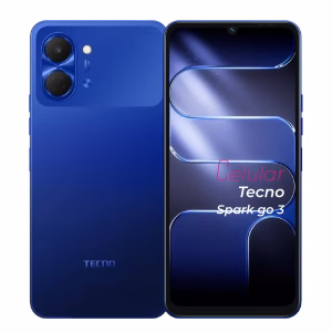 Tecno Spark Go 3 azul vista delantera y trasera frontal mostrando pantalla y cámara vista posterior