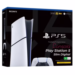 Consola Play Station 5 slim Digital version frontal mostrando caja disponible en celumovil store