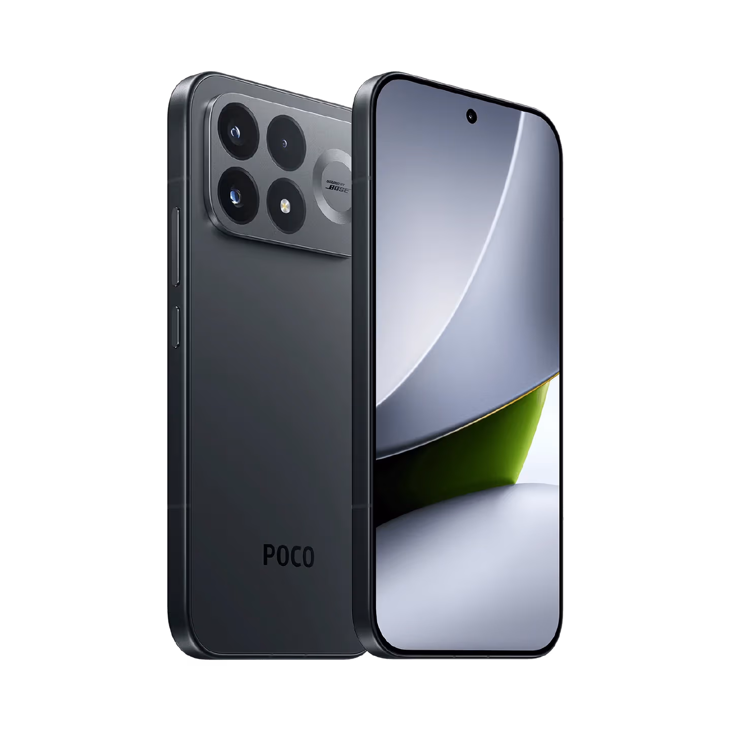 Poco F9 Pro negro diagonal respaldo mostrando camaras bordes botones y vista frontal mostrando pantalla y camara frontal