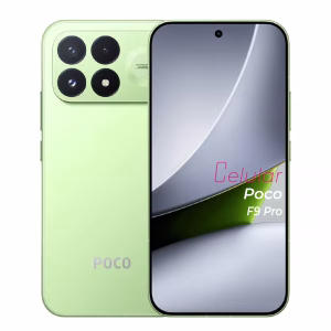 Poco F9 Pro verde vista delantera y trasera frontal mostrando pantalla y cámara vista posterior