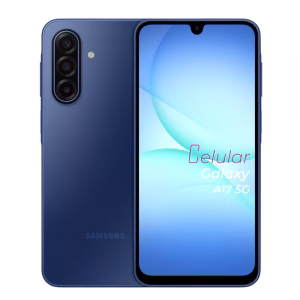 Samsung Galaxy A17 5G azul oscuro vista delantera y trasera frontal mostrando pantalla y cámara vista posterior