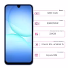 Samsung Galaxy A17 5G vista frontal mostrando la pantalla cámara frontal y especificacones de batería cámara, almacenamiento Sistema Operativo y procesador junto al celular de color azul oscuro