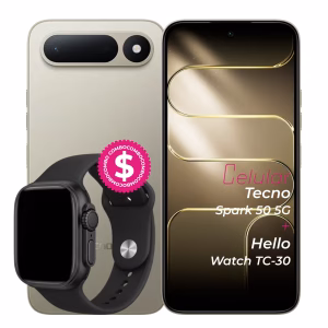Tecno Spark 50 5G dorado vista delantera y posterior combo reloj Hello watch TC-30
