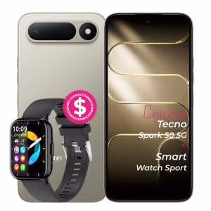 Tecno Spark 50 5G dorado vista delantera y posterior combo reloj Smart Watch Sport
