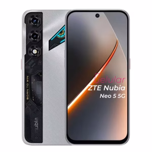 ZTE Nubia Neo 5 5G plateado vista delantera y trasera frontal mostrando pantalla y cámara vista posterior