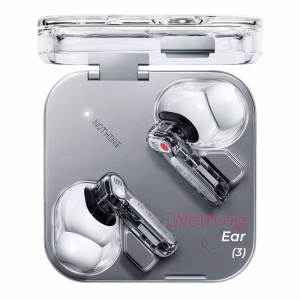 Nothing ear 3 blanco vista cenital mostrando la caja abierta y sus audífonos disponible en Celumovil store