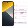Poco-X8-Pro-vista-frontal-mostrando-la pantalla-cámara-frontal-y-especificacones-de-batería-cámara, almacenamiento- Sistema-Operativo-y-procesador-junto-al-celular-de-color-negro